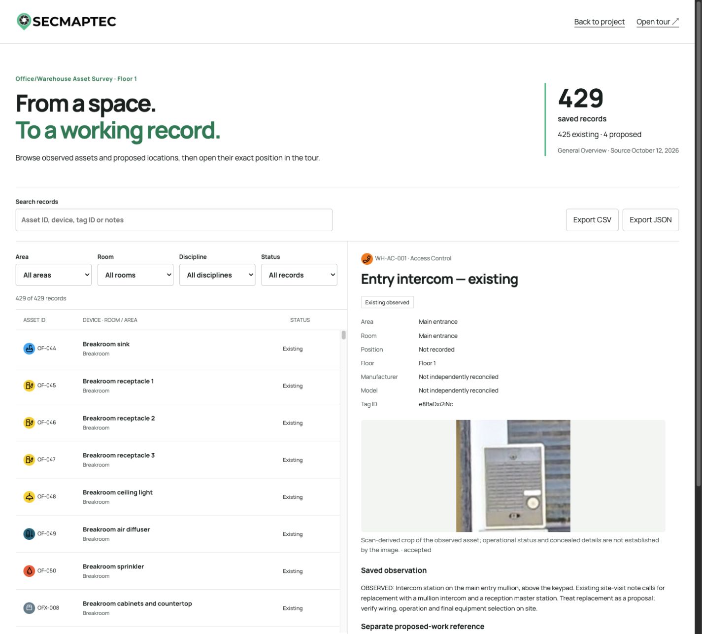Office and warehouse asset Ledger with searchable device records, discipline filters, scan evidence and exact tour links